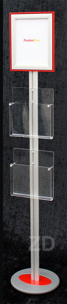 Sign Stand - Info Pole outdoor - Innovative display stand with snap frame and two brochure pockets. Red accent.